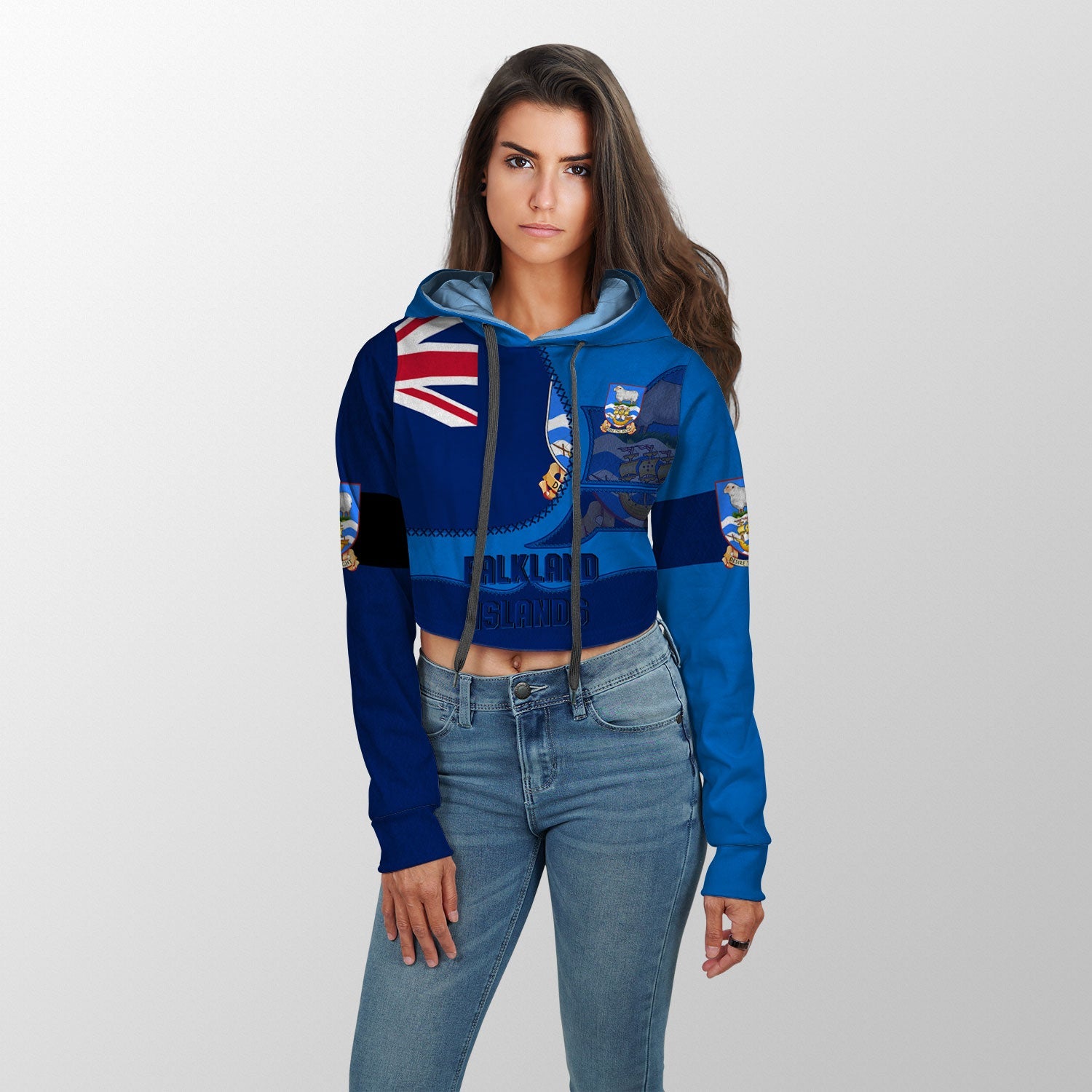 Falkland Islands Crop Hoodie Flag & Coat Of Arms Leather Style