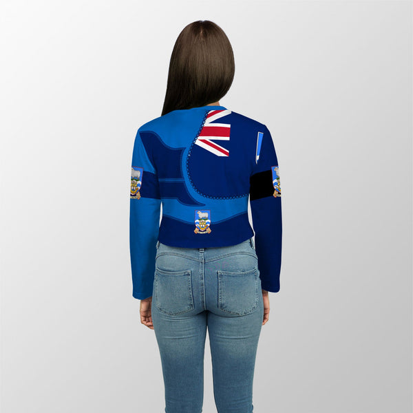 Falkland Islands Crop Top Long T Shirt Flag & Coat Of Arms Leather Style