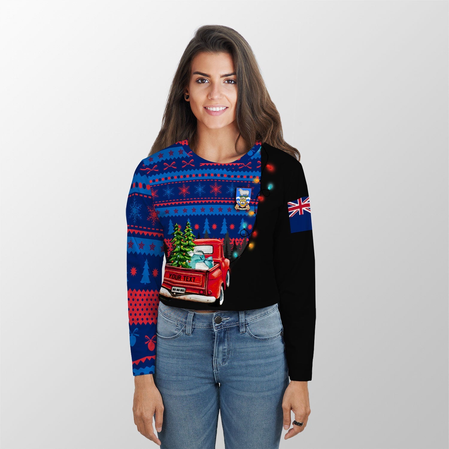 Falkland Islands Crop Top Long T Shirt Coat Of Arms Christmas Style