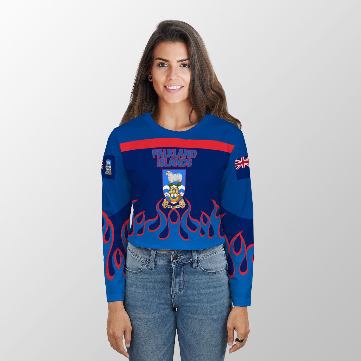 Falkland Islands Crop Top Long TShirt Flag & Coat Of Arms Fire Hockey Style