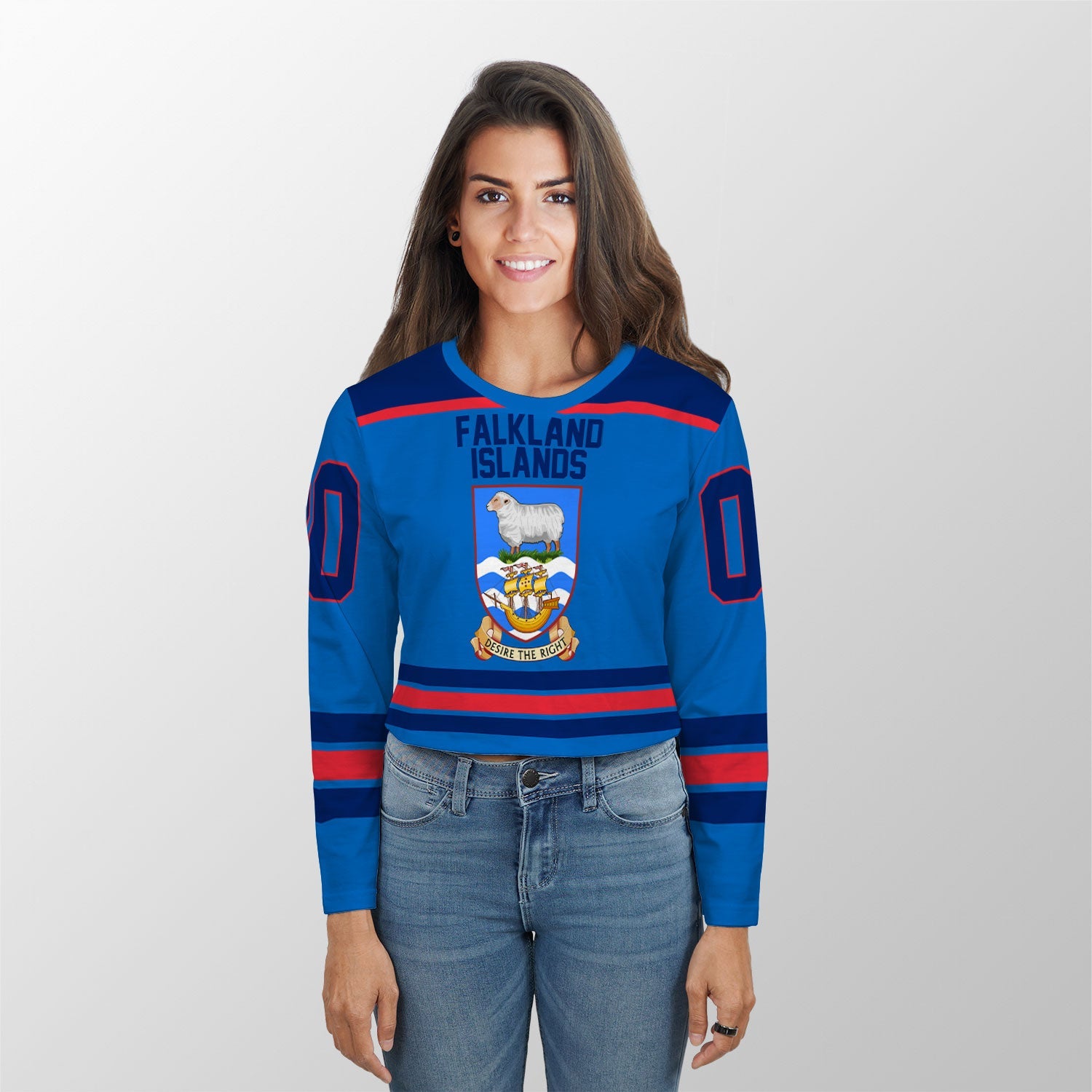 Falkland Islands Crop Top Long T Shirt Flag & Coat Of Arms Hockey Style