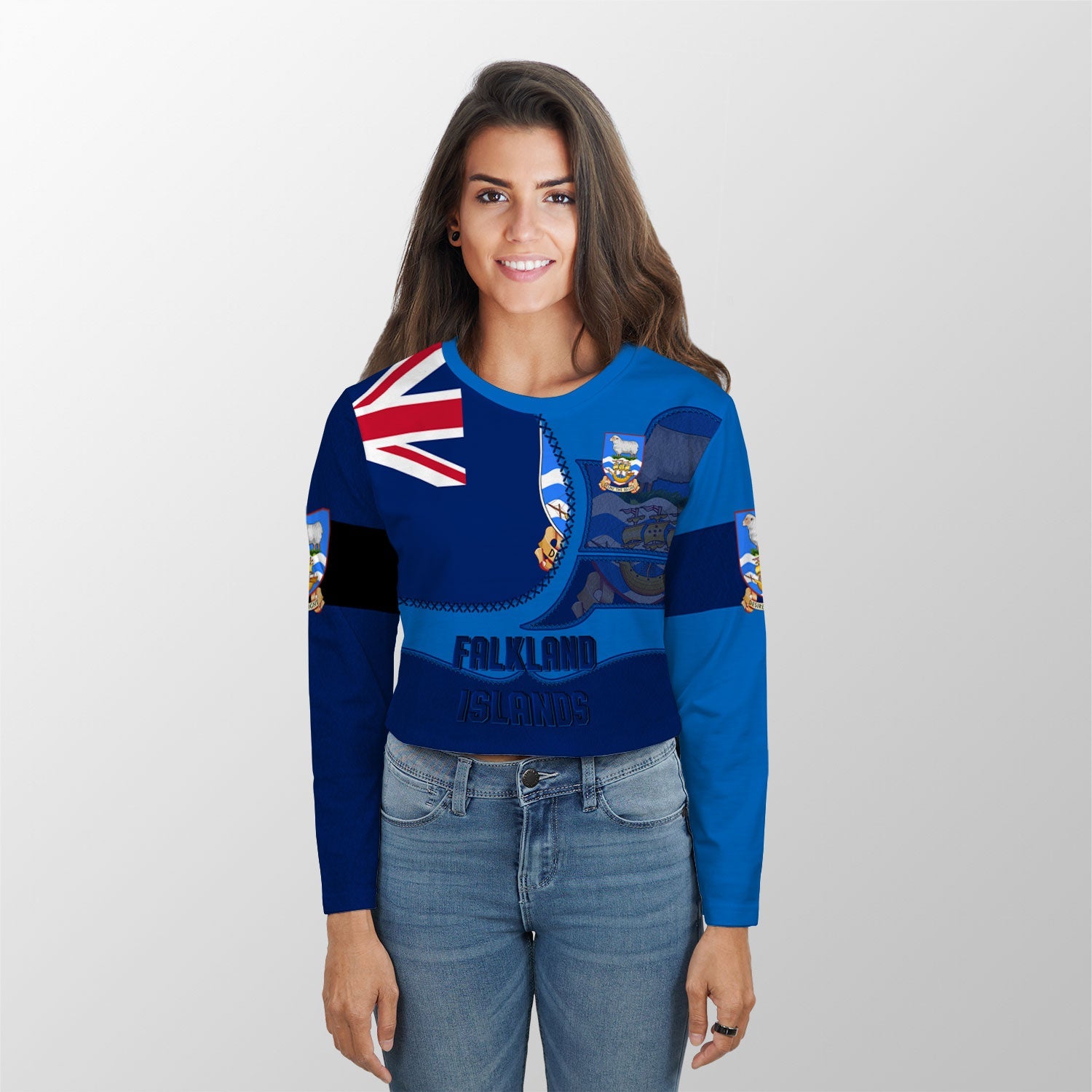 Falkland Islands Crop Top Long T Shirt Flag & Coat Of Arms Leather Style