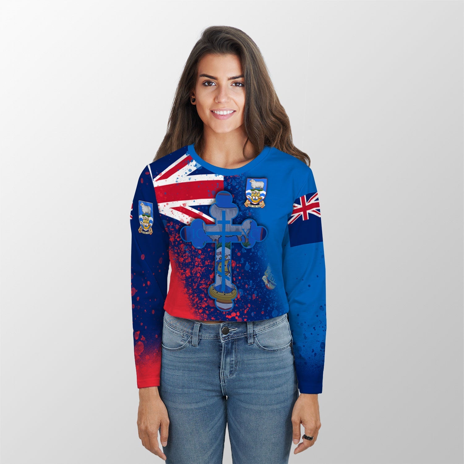 Falkland Islands Crop Top Long TShirt Flag & Coat Of Arms Orthodox Style