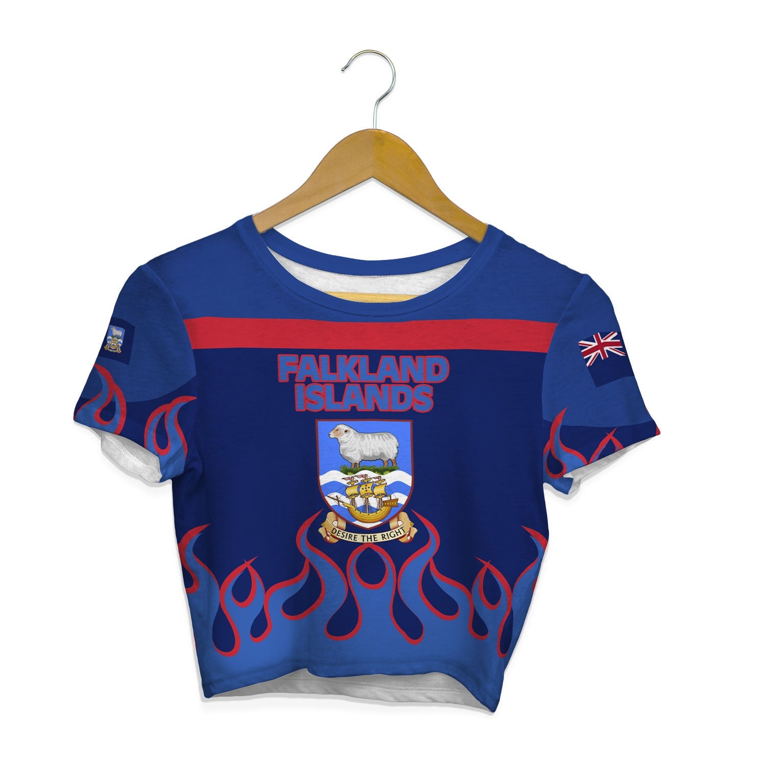 Falkland Islands Crop Top T Shirt Flag & Coat Of Arms Fire Hockey Style