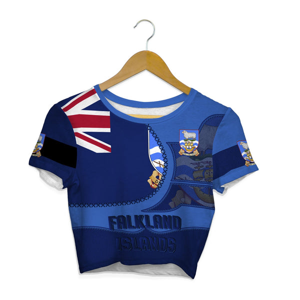 Falkland Islands Crop Top T Shirt Flag & Coat Of Arms Leather Style