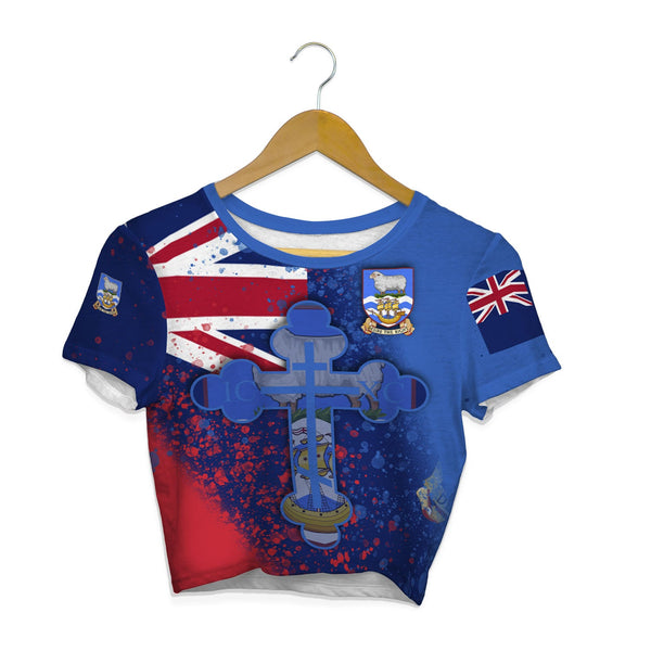 Falkland Islands Crop Top T Shirt Flag & Coat Of Arms Orthodox Style