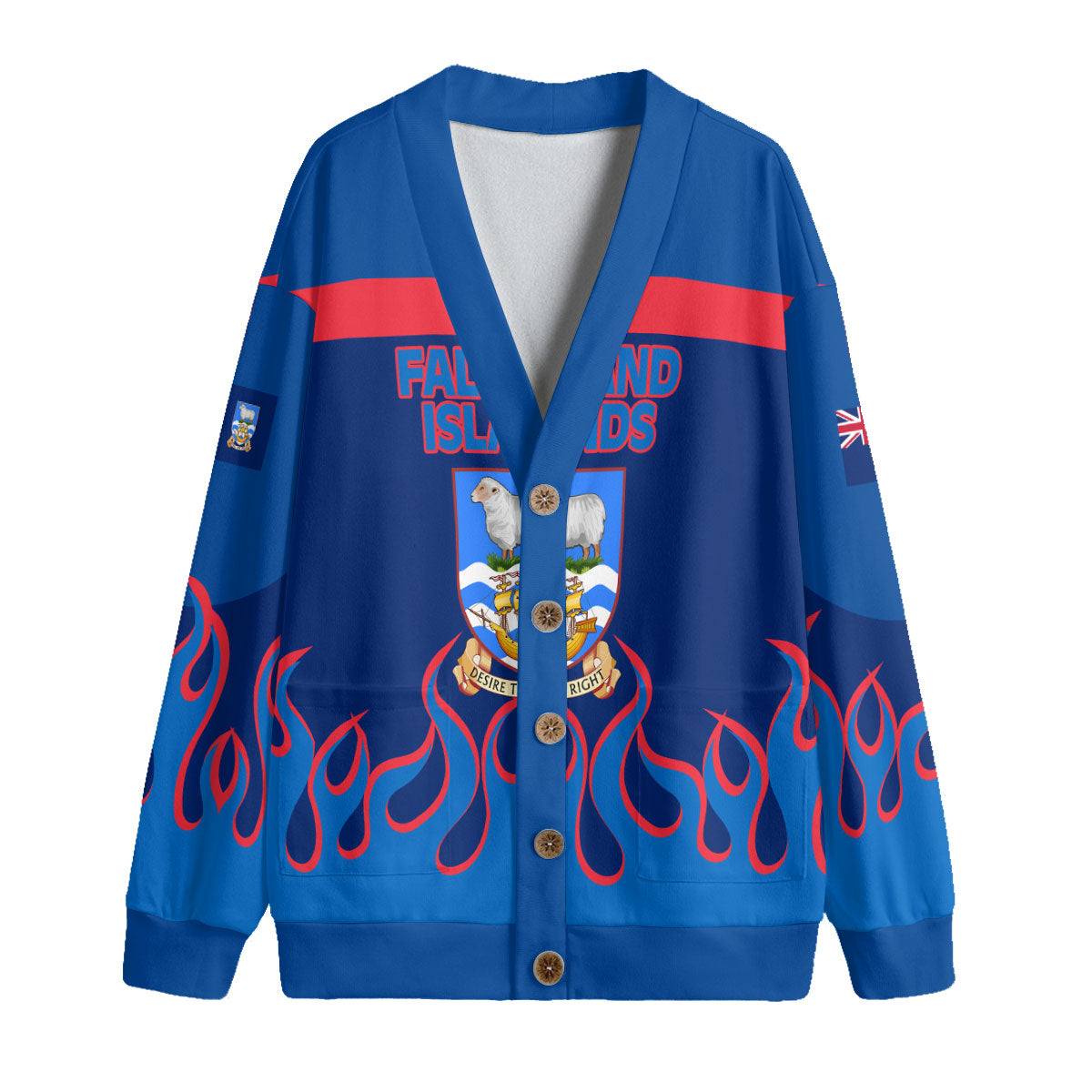 Falkland Islands Fleece Cardigan Flag & Coat Of Arms Fire Hockey Style