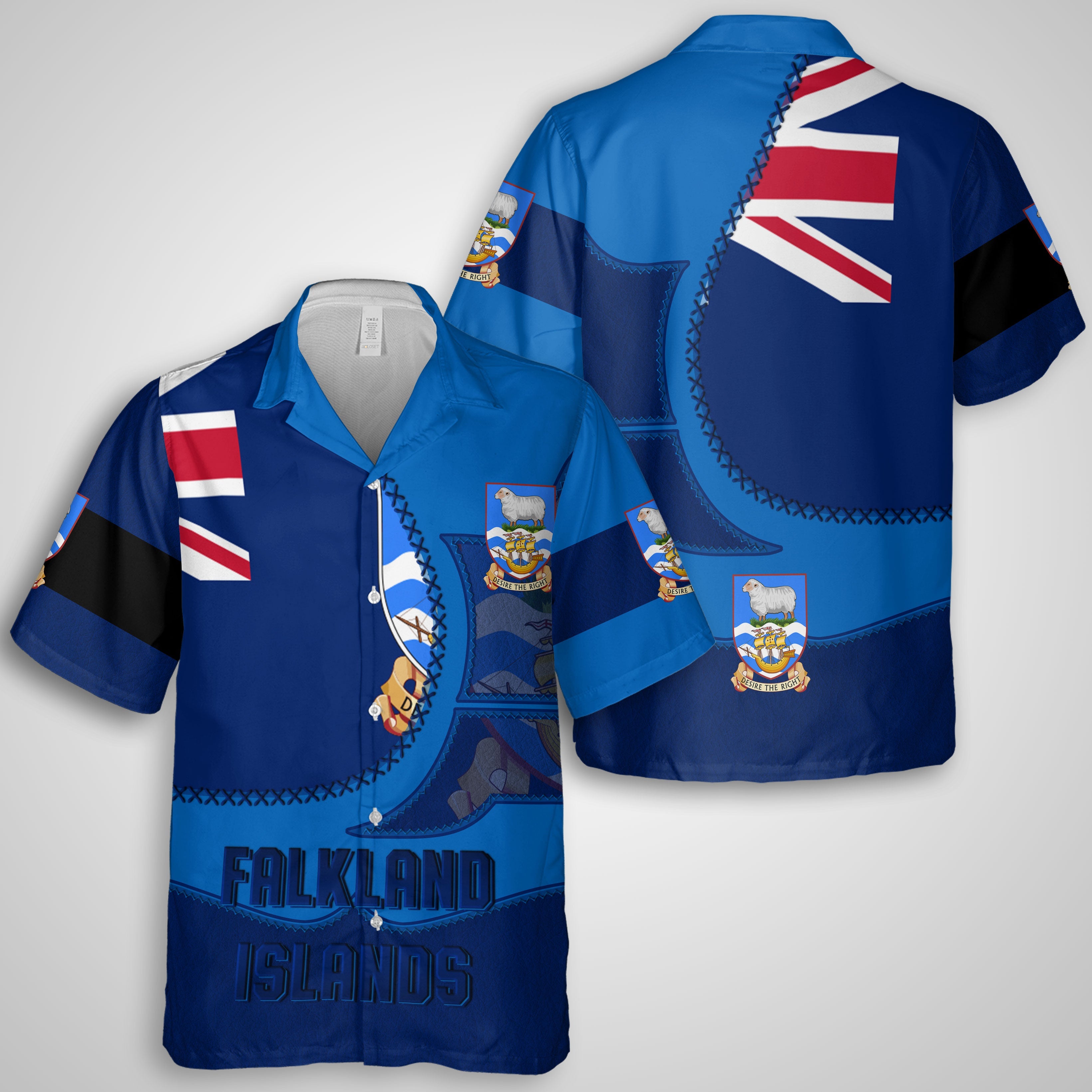 Falkland Islands Hawaiian Shirt Flag & Coat Of Arms Leather Style