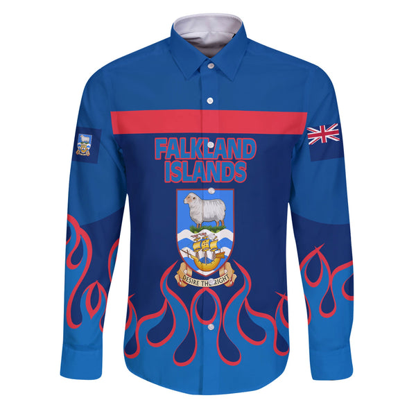 Falkland Islands Long Sleeve Button Shirt Flag & Coat Of Arms Fire Hockey Style