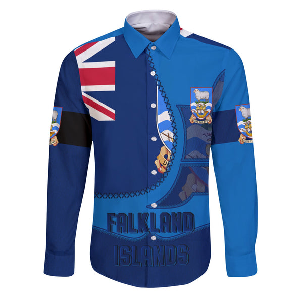 Falkland Islands Long Sleeve Button Shirt Flag & Coat Of Arms Leather Style