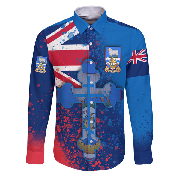 Falkland Islands Long Sleeve Button Shirt Flag & Coat Of Arms Orthodox Style