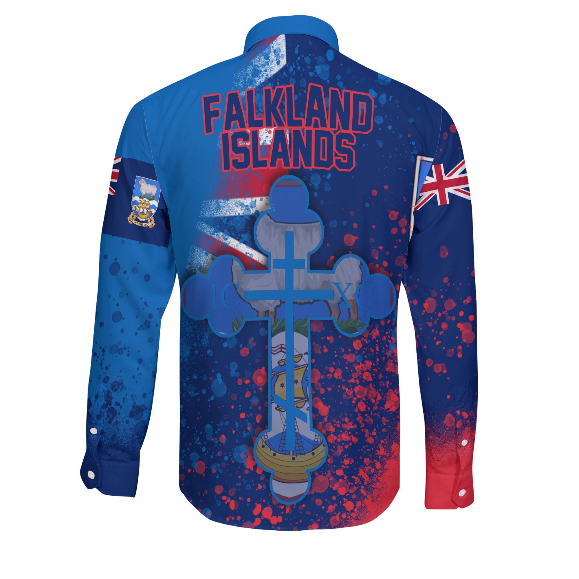 Falkland Islands Long Sleeve Button Shirt Flag & Coat Of Arms Orthodox Style