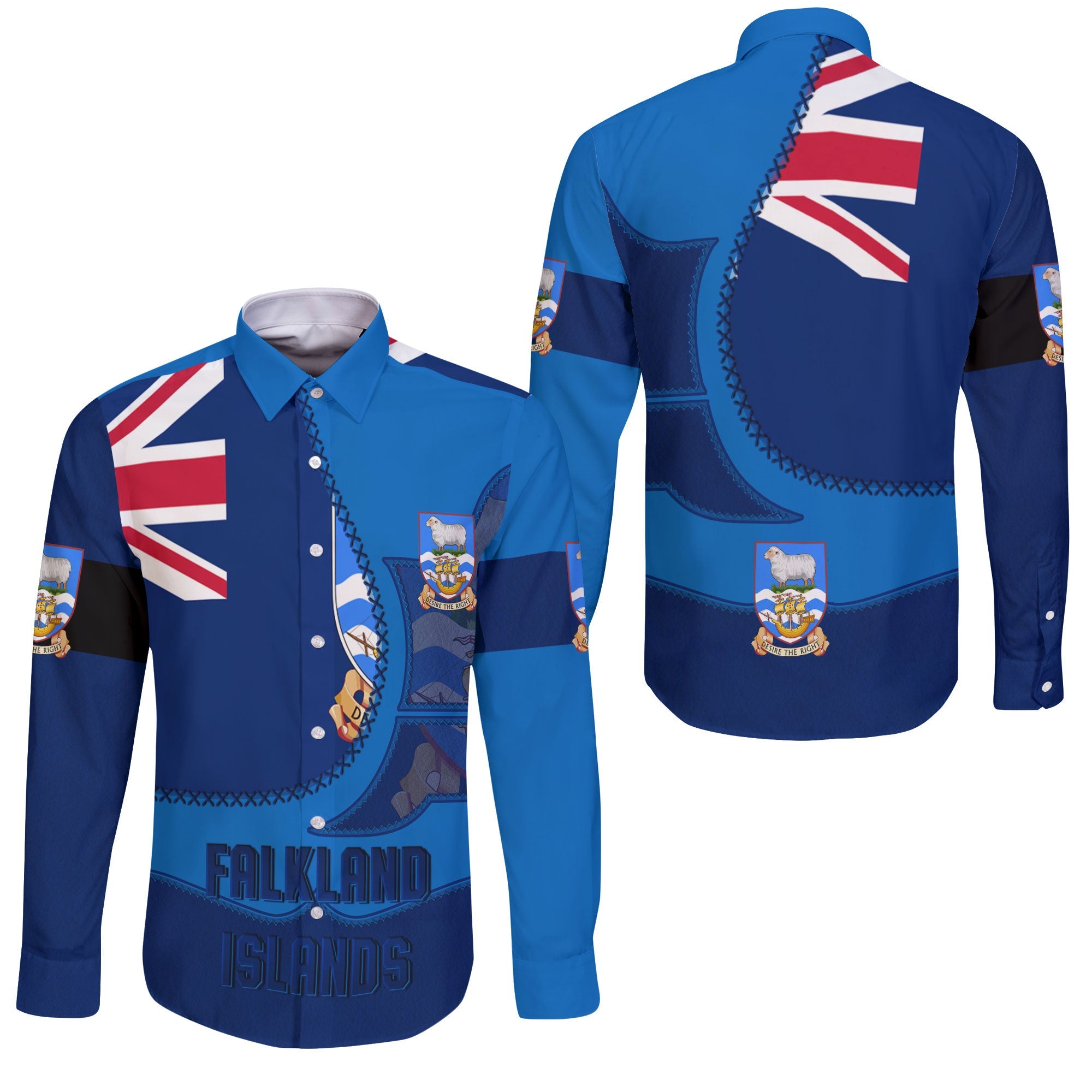 Falkland Islands Long Sleeve Button Shirt Flag & Coat Of Arms Leather Style