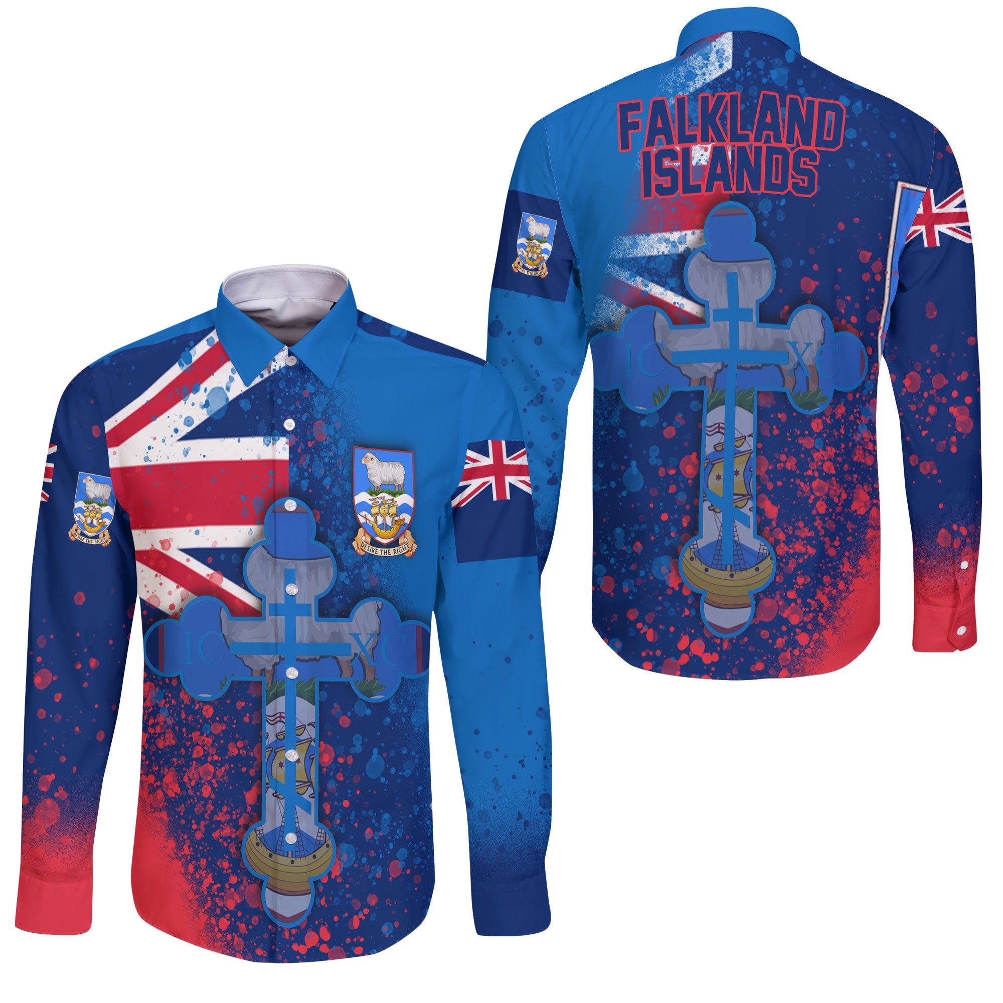 Falkland Islands Long Sleeve Button Shirt Flag & Coat Of Arms Orthodox Style