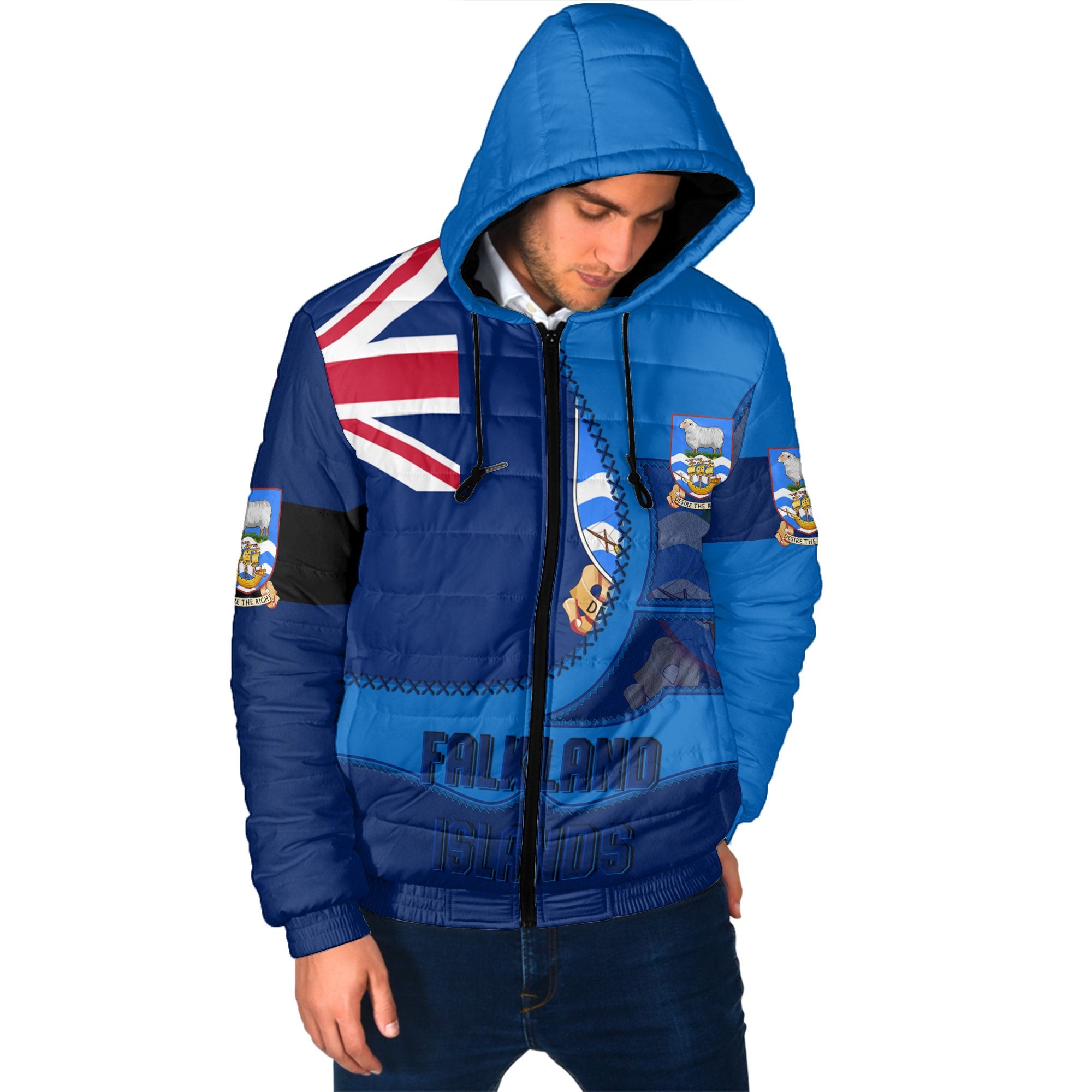 Falkland Islands Men Hooded Padded Jacket Flag & Coat Of Arms Leather Style