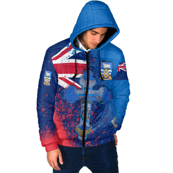 Falkland Islands Men Hooded Padded Jacket Flag & Coat Of Arms Orthodox Style