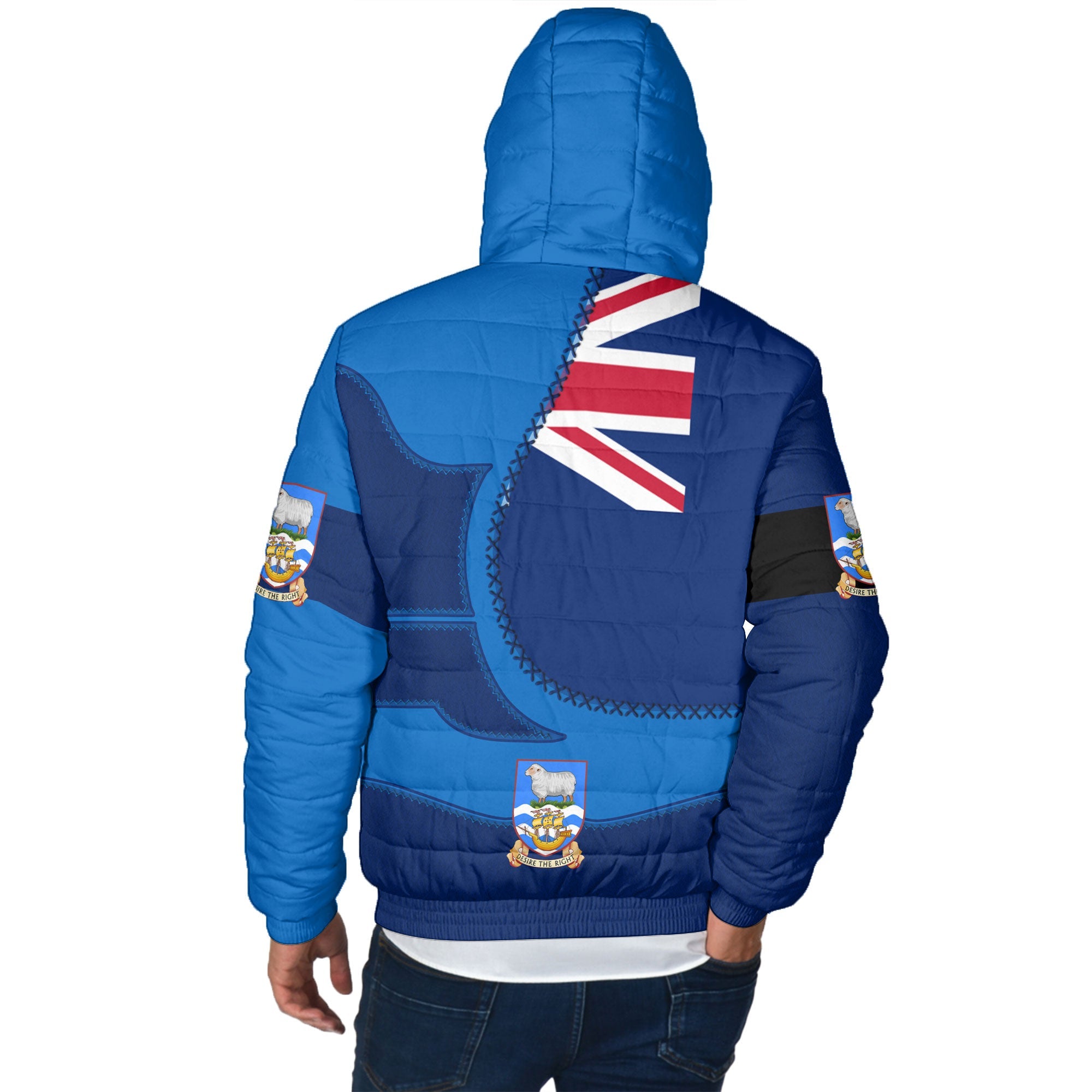 Falkland Islands Men Hooded Padded Jacket Flag & Coat Of Arms Leather Style