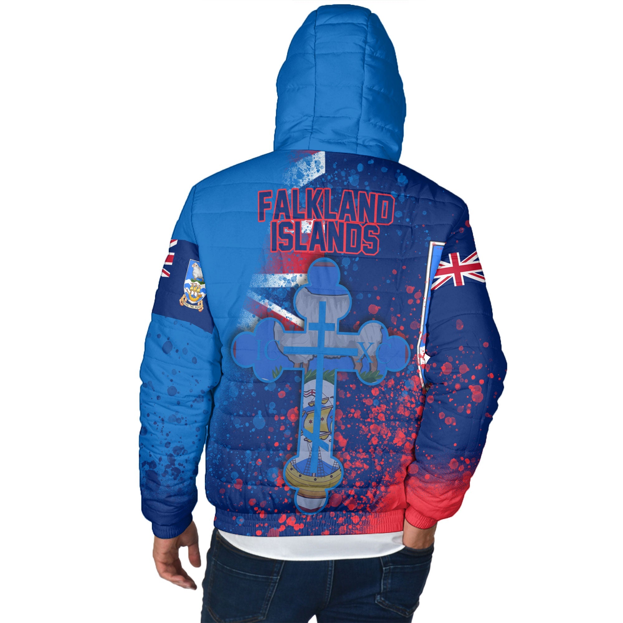 Falkland Islands Men Hooded Padded Jacket Flag & Coat Of Arms Orthodox Style