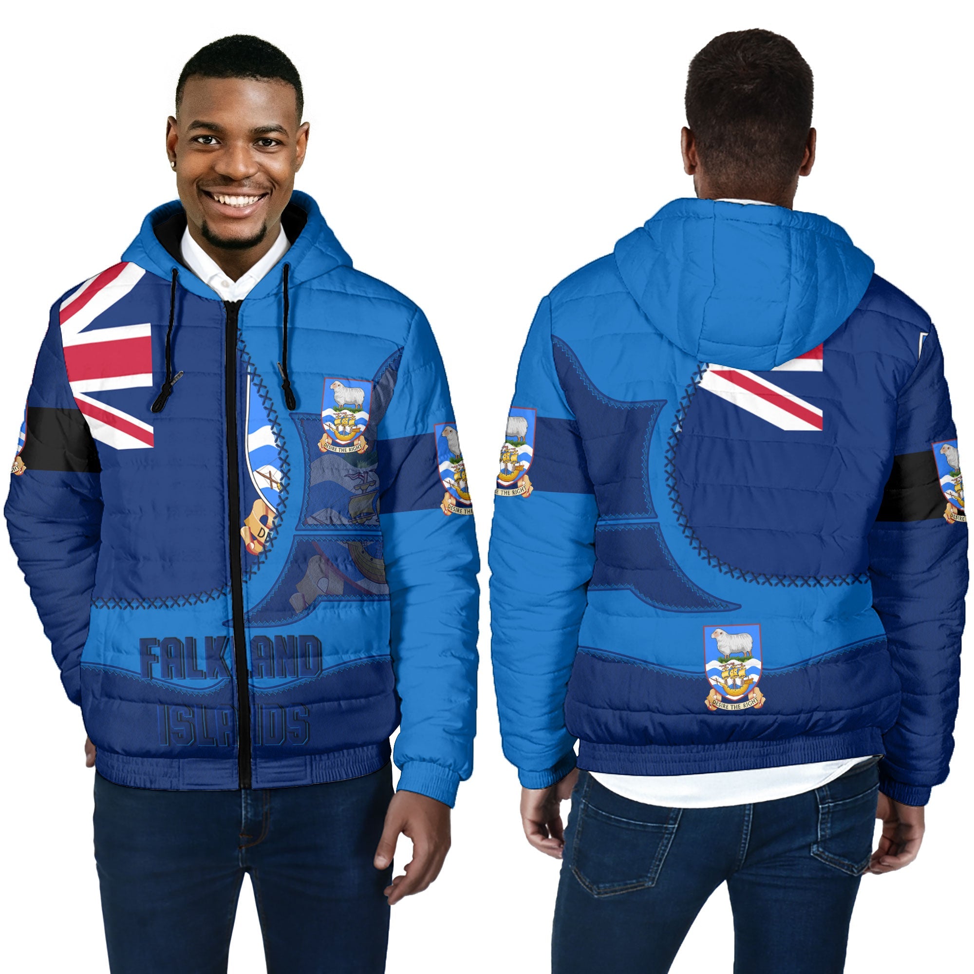 Falkland Islands Men Hooded Padded Jacket Flag & Coat Of Arms Leather Style