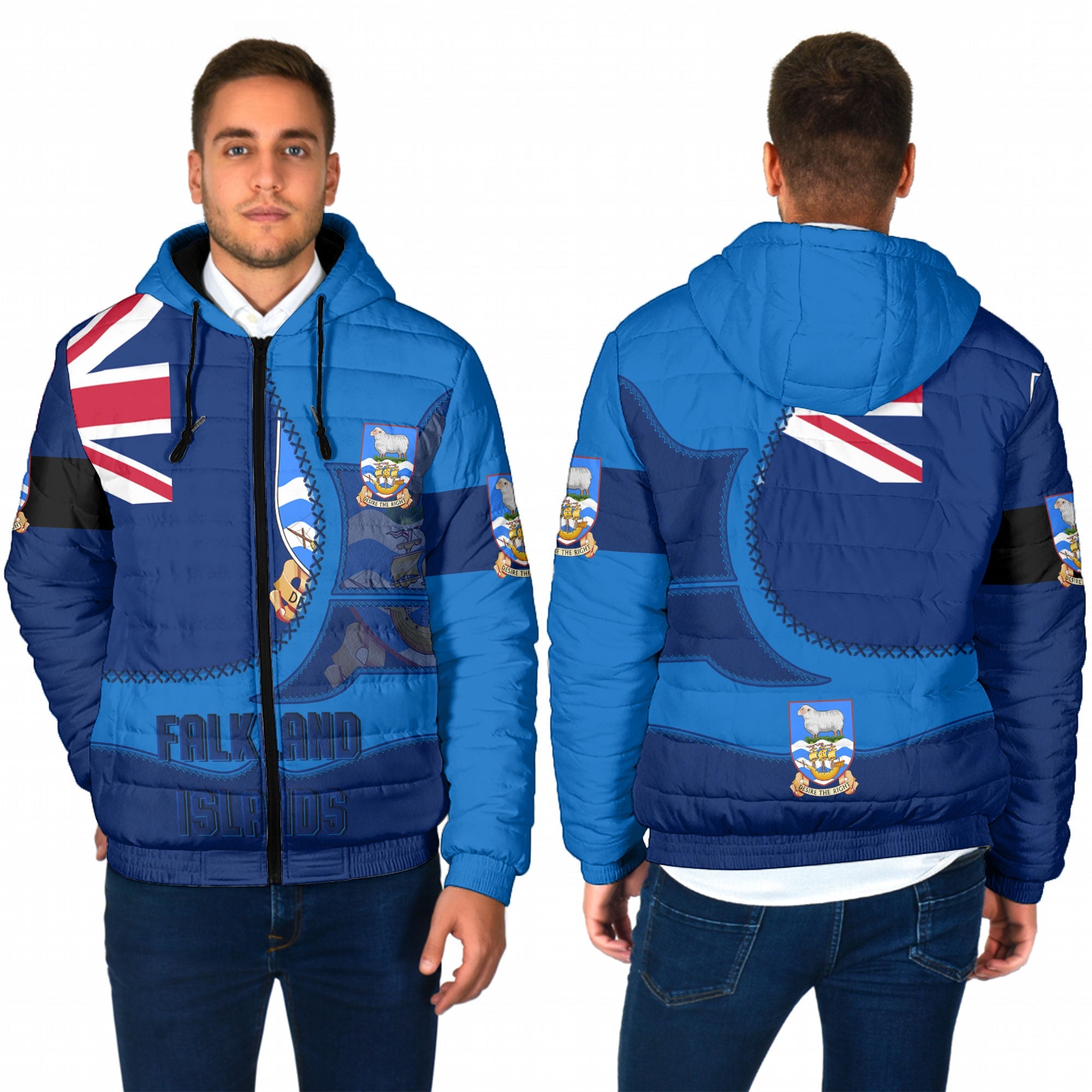 Falkland Islands Men Hooded Padded Jacket Flag & Coat Of Arms Leather Style