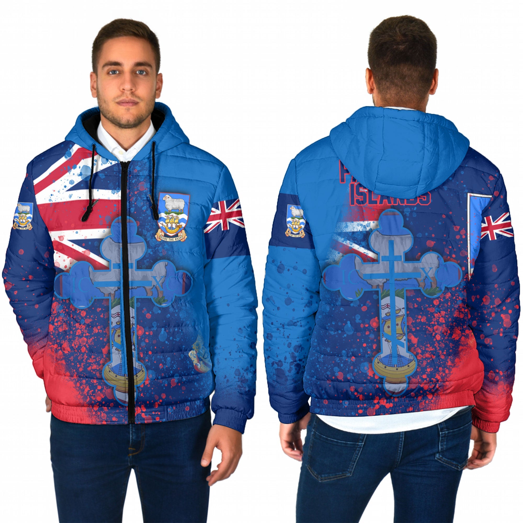 Falkland Islands Men Hooded Padded Jacket Flag & Coat Of Arms Orthodox Style