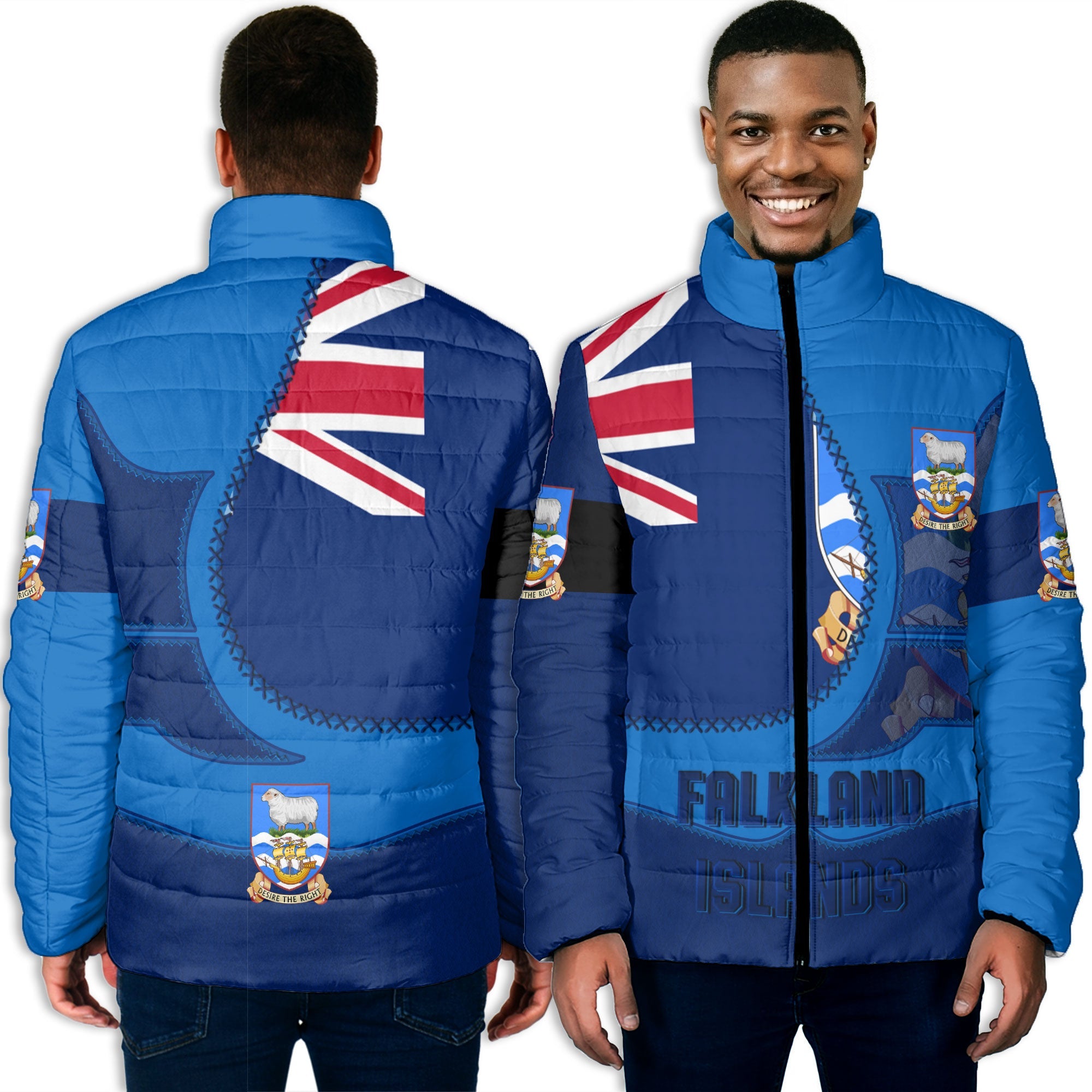 Falkland Islands Men Padded Jacket Flag & Coat Of Arms Leather Style