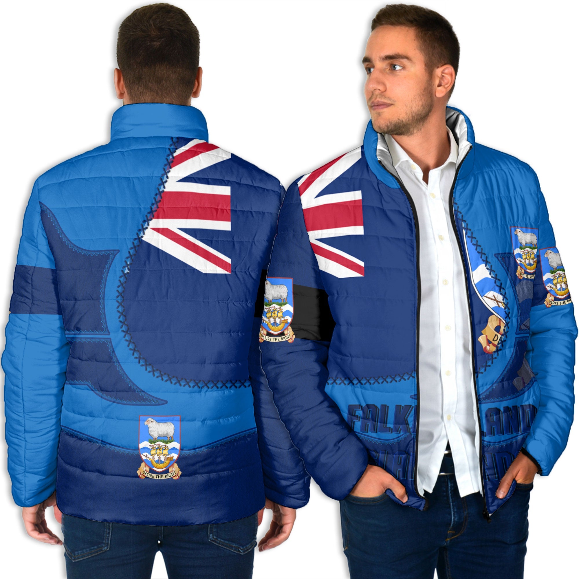 Falkland Islands Men Padded Jacket Flag & Coat Of Arms Leather Style