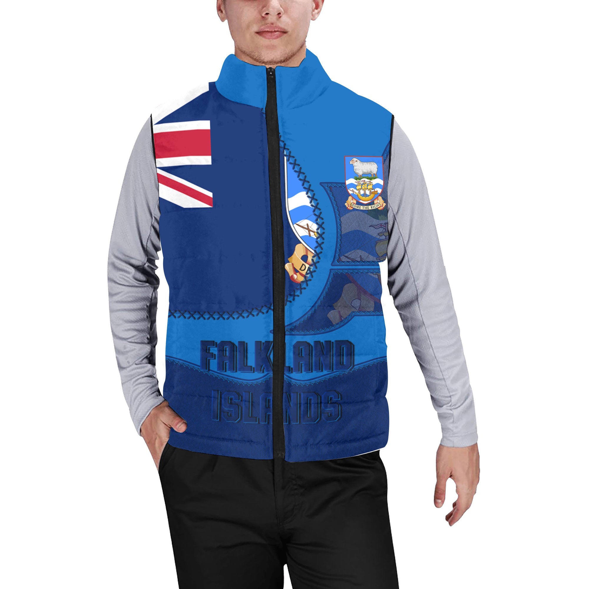 Falkland Islands Men Padded Jacket Vest Flag & Coat Of Arms Leather Style