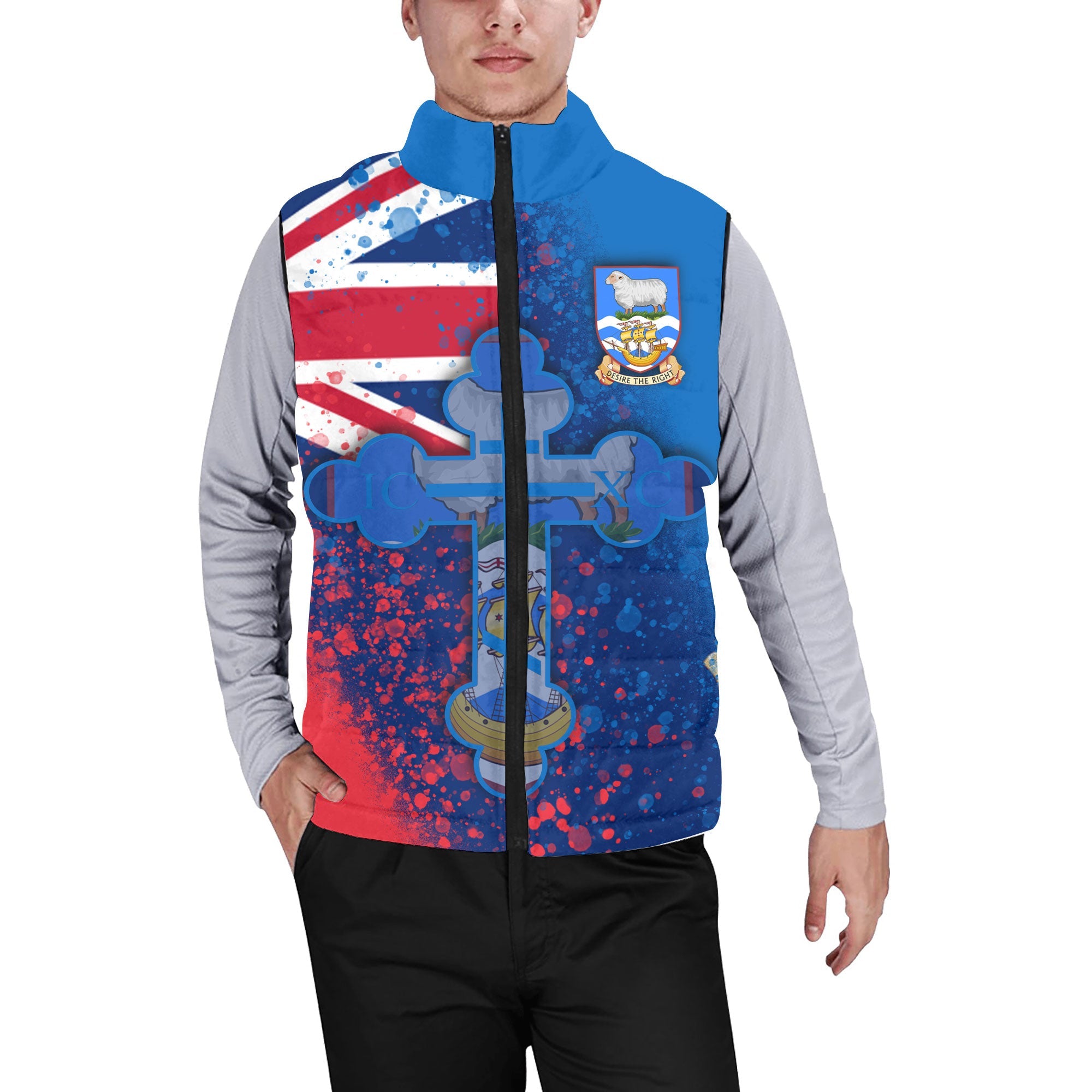 Falkland Islands Men Padded Jacket Vest Flag & Coat Of Arms Orthodox Style