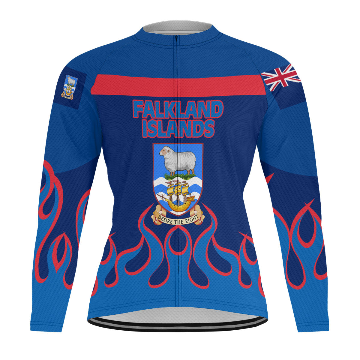 Falkland Islands Men's Cycling Jersey Long Sleeve Flag & Coat Of Arms Fire Hockey Style