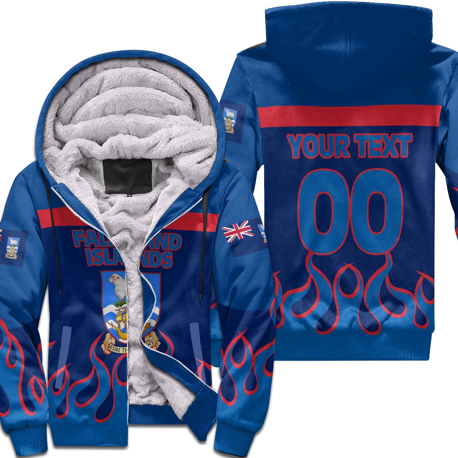 Falkland Islands Sherpa Hoodie Flag & Coat Of Arms Fire Hockey Style