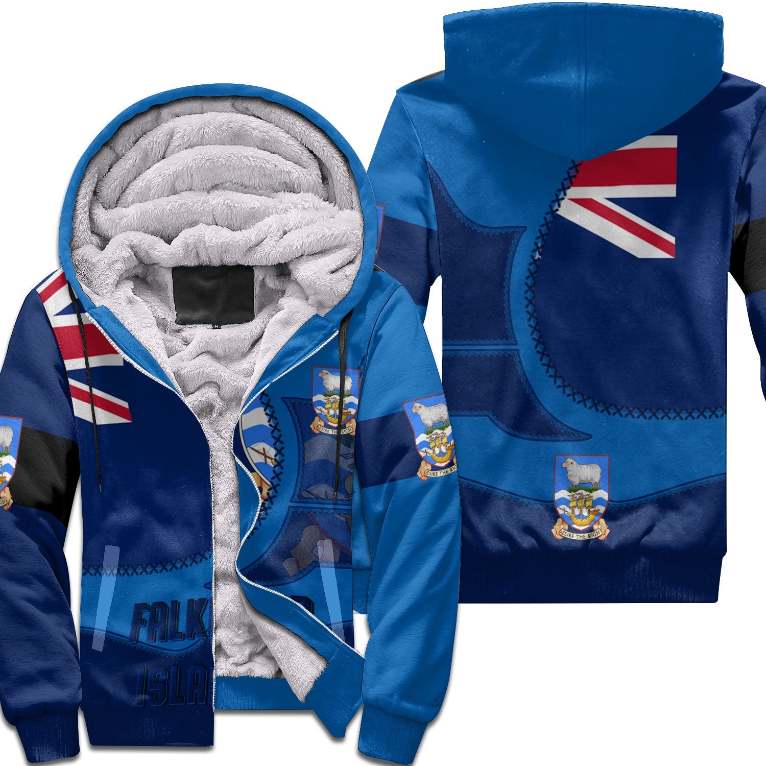 Falkland Islands Sherpa Hoodie Flag & Coat Of Arms Leather Style