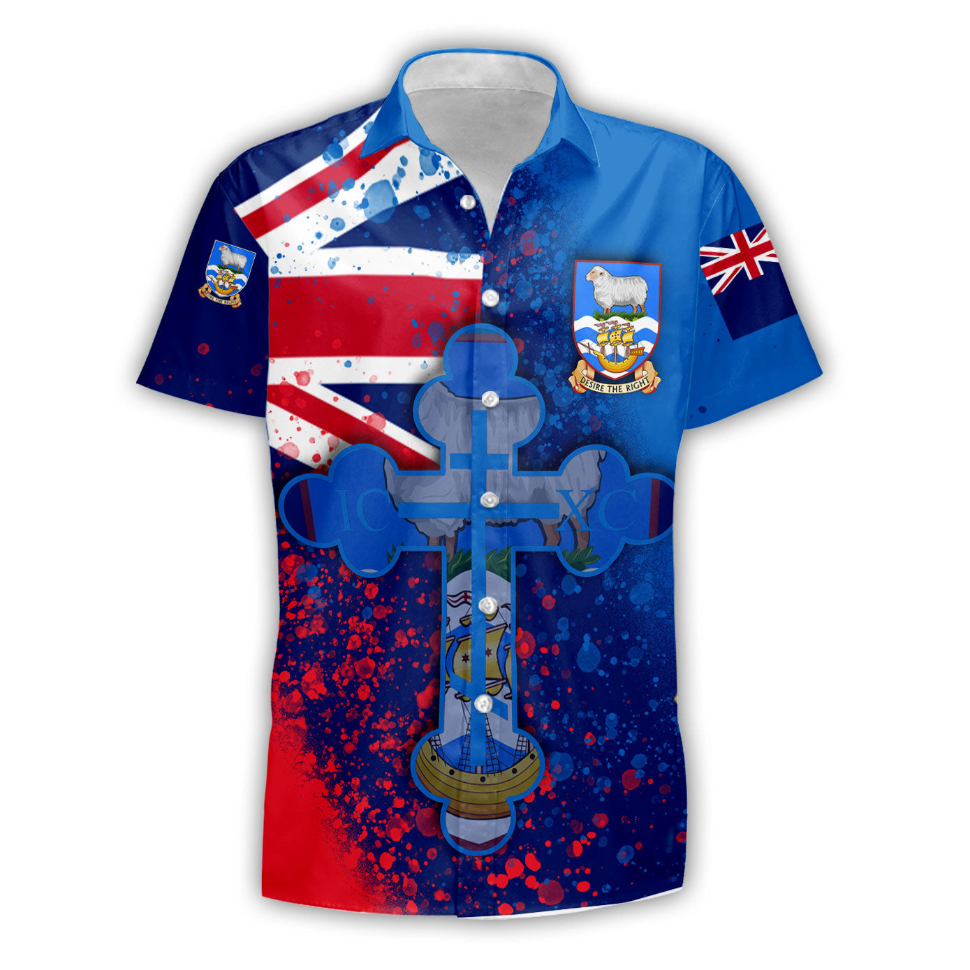 Falkland Islands Short Sleeve Shirt Flag & Coat Of Arms Orthodox Style