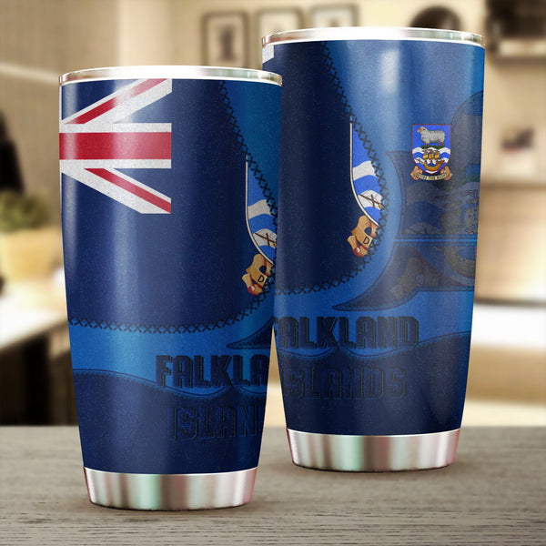 Falkland Islands Stainless Steel Glitter Tumbler Flag & Coat Of Arms Leather Style