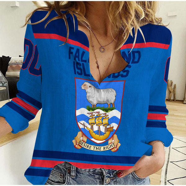 Falkland Islands Women Casual Shirt Flag & Coat Of Arms Hockey Style