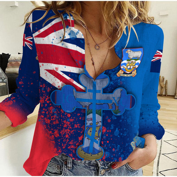 Falkland Islands Women Casual Shirt Flag & Coat Of Arms Orthodox Style