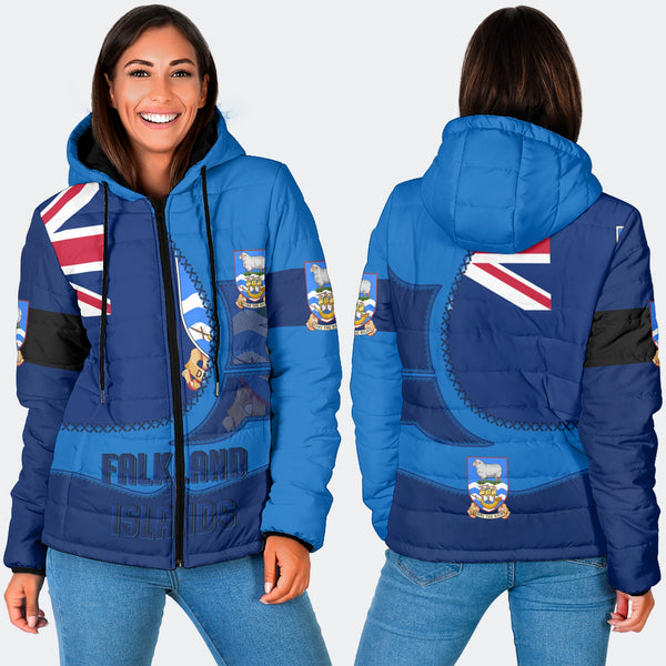 Falkland Islands Women Hooded Padded Jacket Flag & Coat Of Arms Leather Style