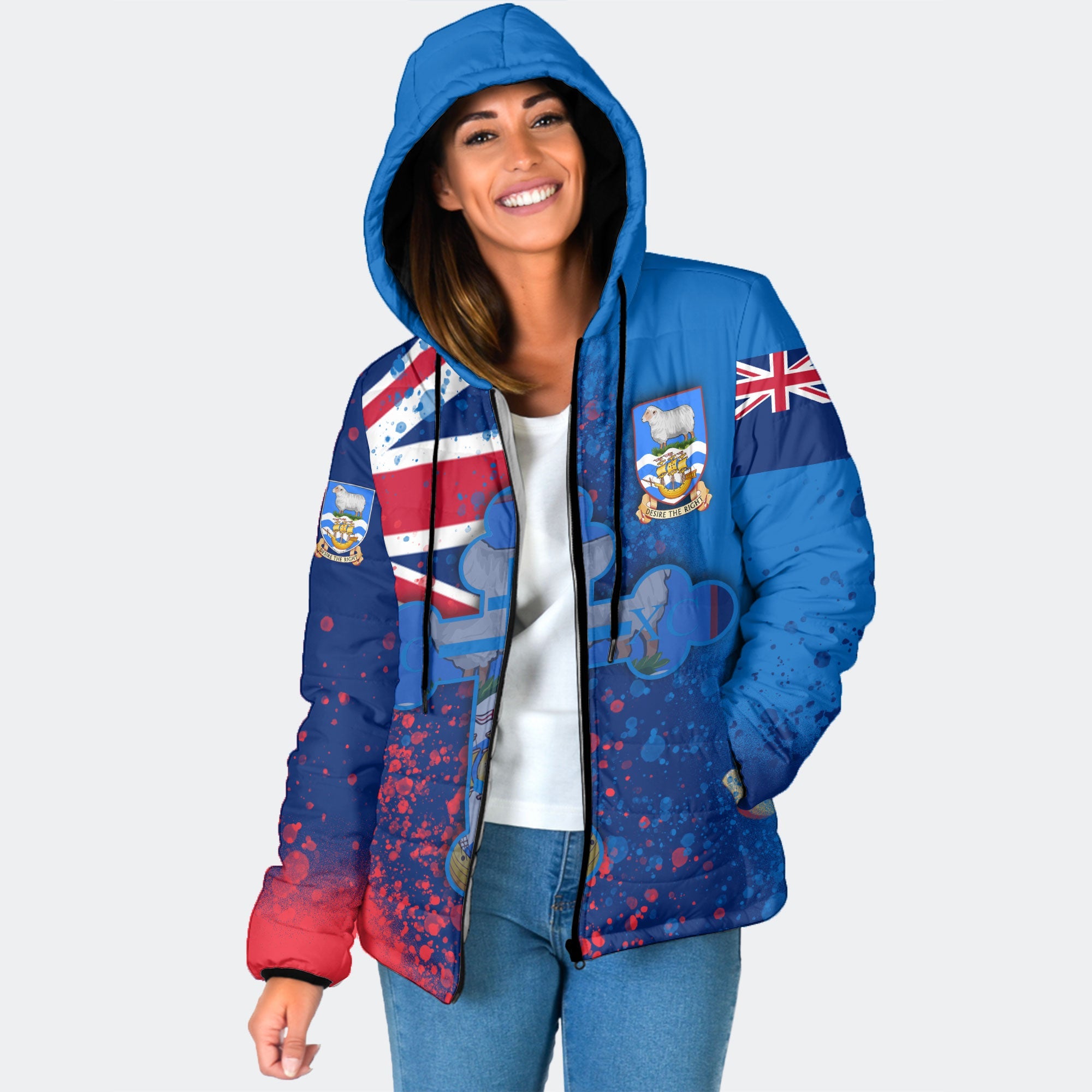 Falkland Islands Women Hooded Padded Jacket Flag & Coat Of Arms Orthodox Style