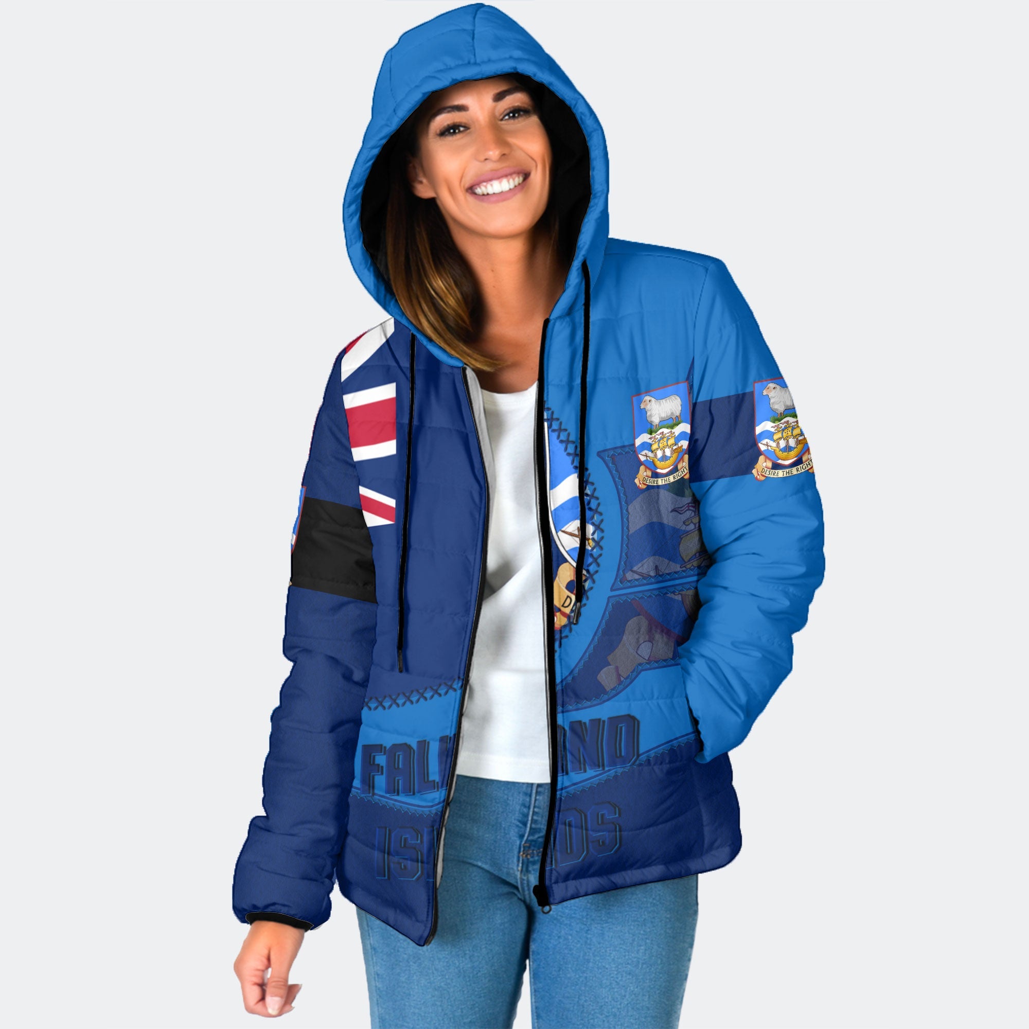 Falkland Islands Women Hooded Padded Jacket Flag & Coat Of Arms Leather Style