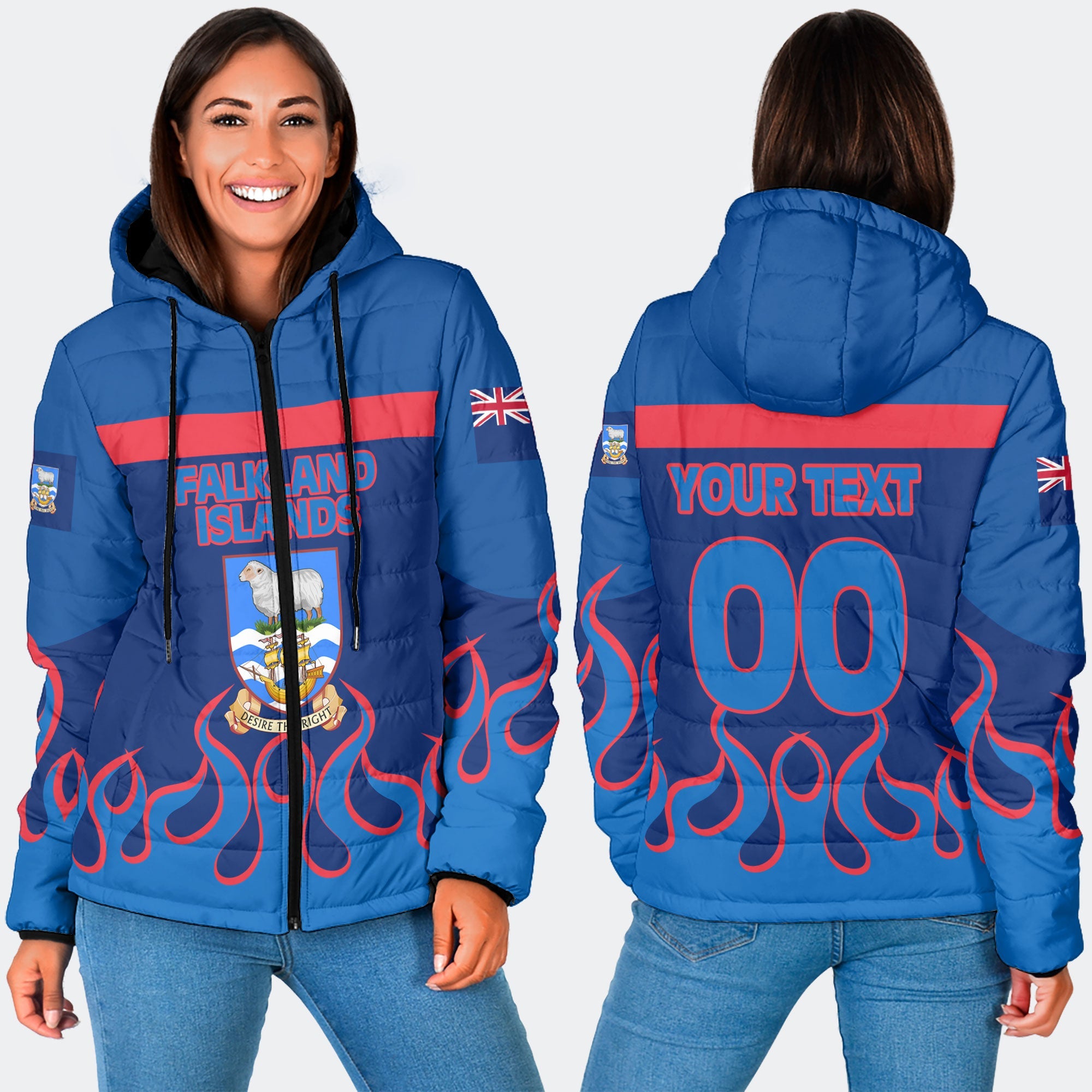 Falkland Islands Women Hooded Padded Jacket Flag & Coat Of Arms Fire Hockey Style