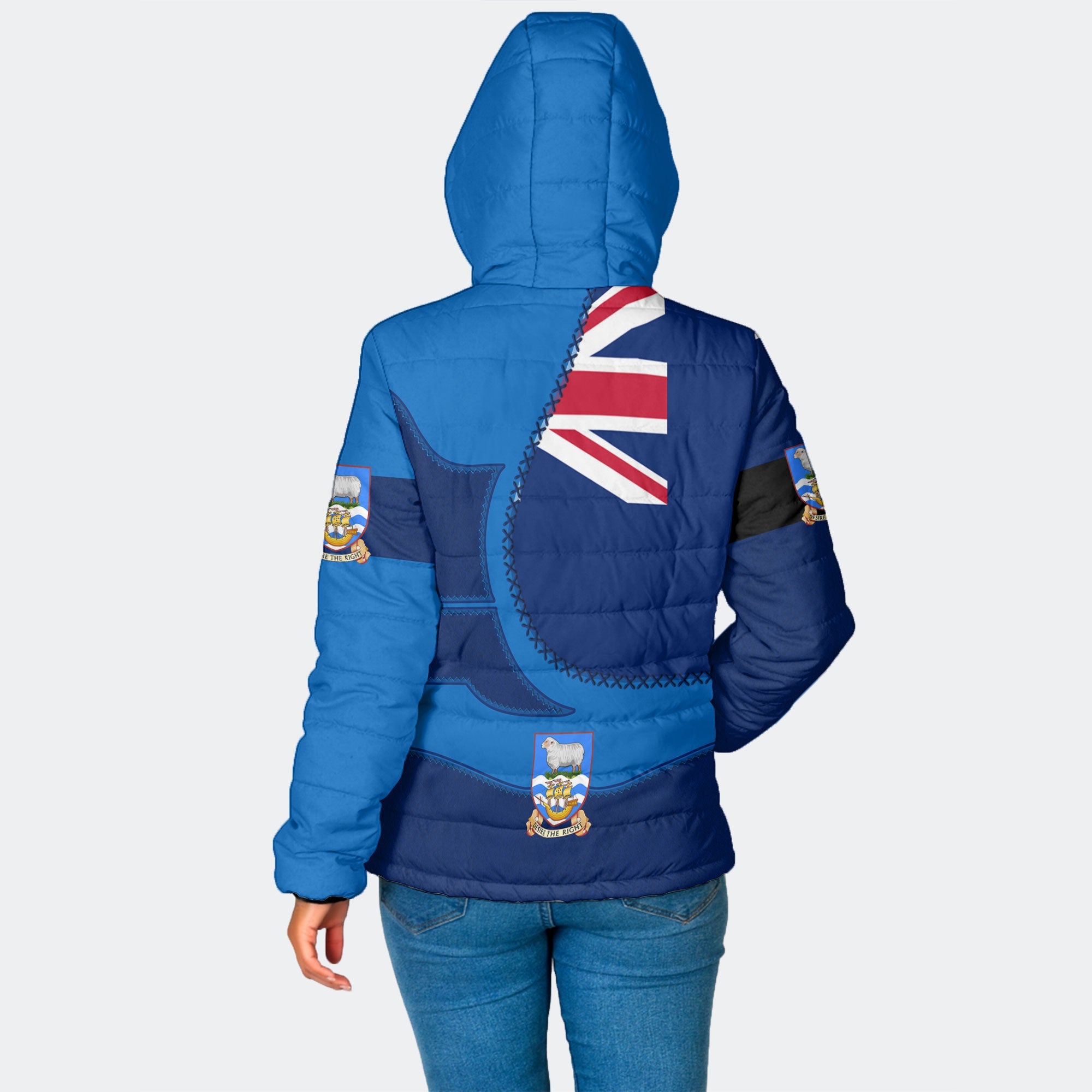 Falkland Islands Women Hooded Padded Jacket Flag & Coat Of Arms Leather Style