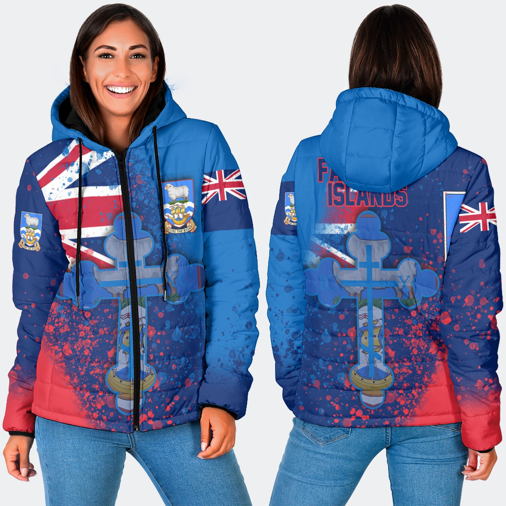 Falkland Islands Women Hooded Padded Jacket Flag & Coat Of Arms Orthodox Style