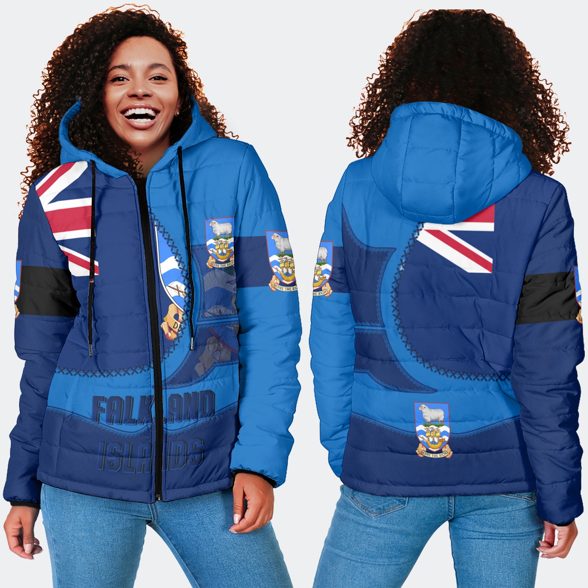 Falkland Islands Women Hooded Padded Jacket Flag & Coat Of Arms Leather Style