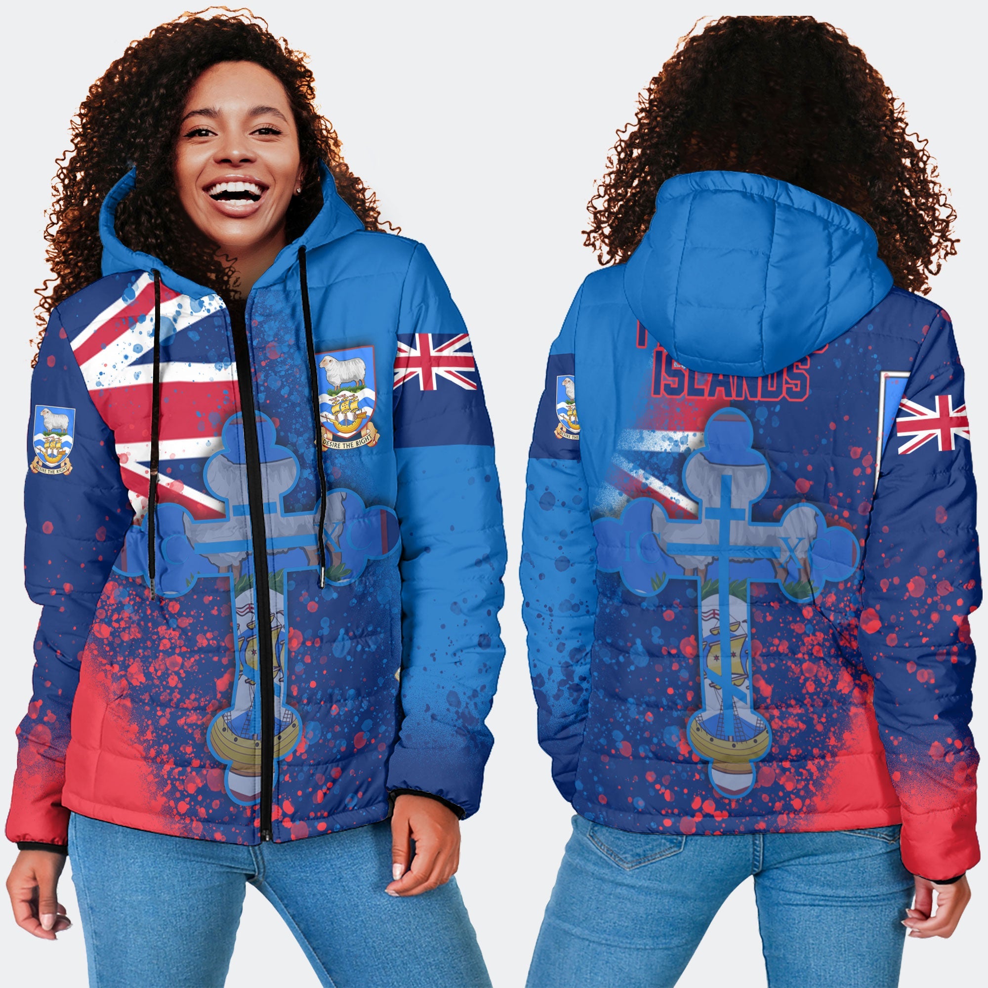 Falkland Islands Women Hooded Padded Jacket Flag & Coat Of Arms Orthodox Style