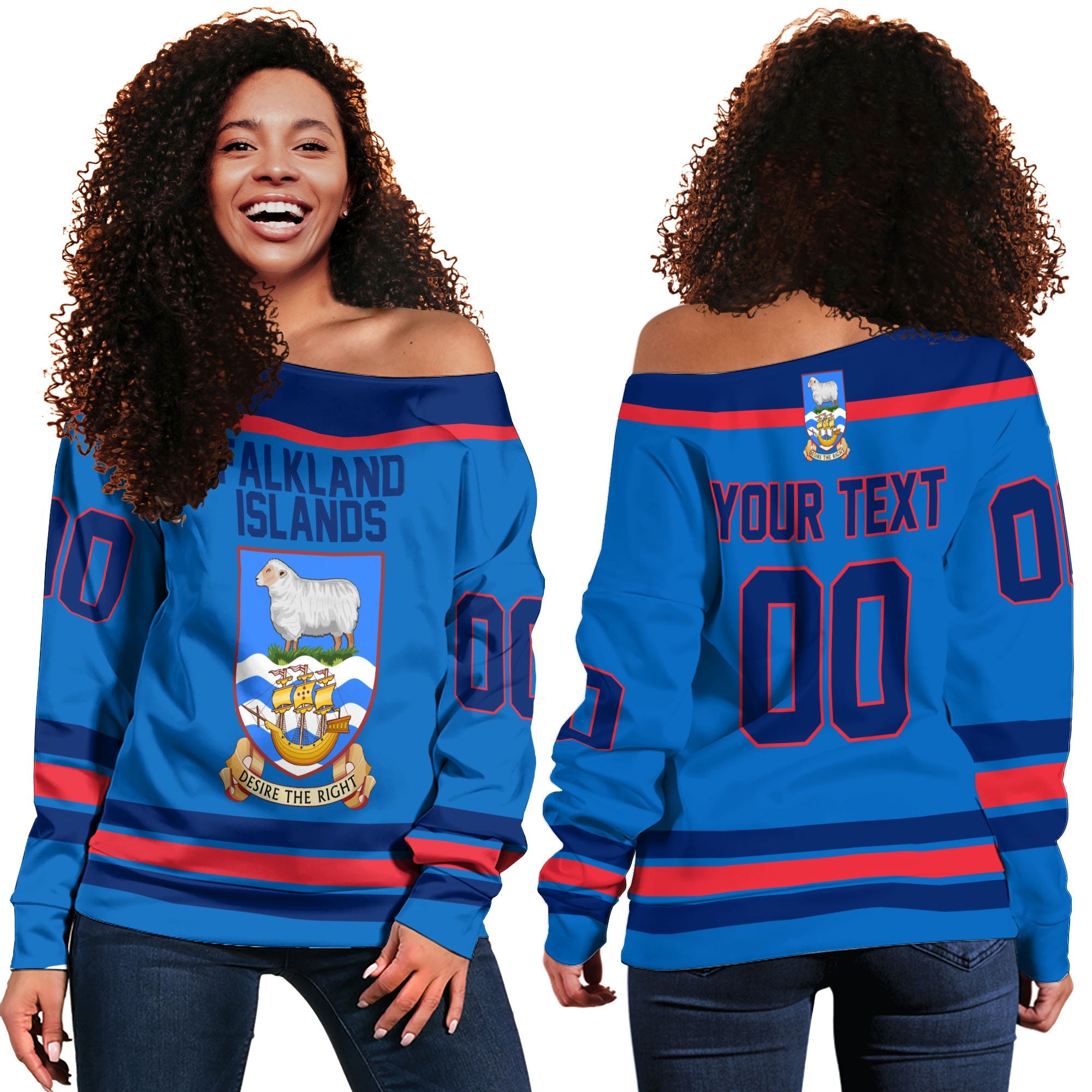 Falkland Islands Women Off Shoulder Sweatshirt Flag & Coat Of Arms Hockey Style