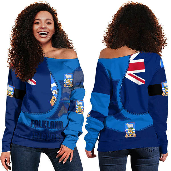 Falkland Islands Women Off Shoulder Sweatshirt Flag & Coat Of Arms Leather Style