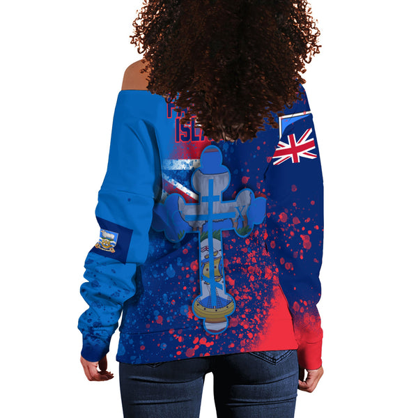 Falkland Islands Women Off Shoulder Sweatshirt Flag & Coat Of Arms Orthodox Style