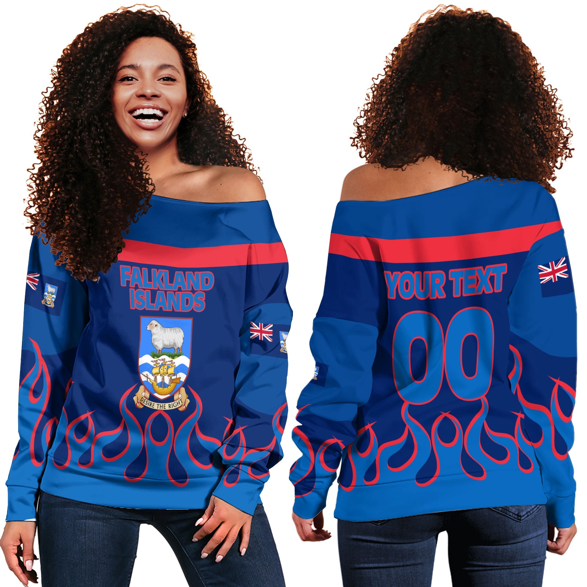 Falkland Islands Women Off Shoulder Sweatshirt Flag & Coat Of Arms Fire Hockey Style