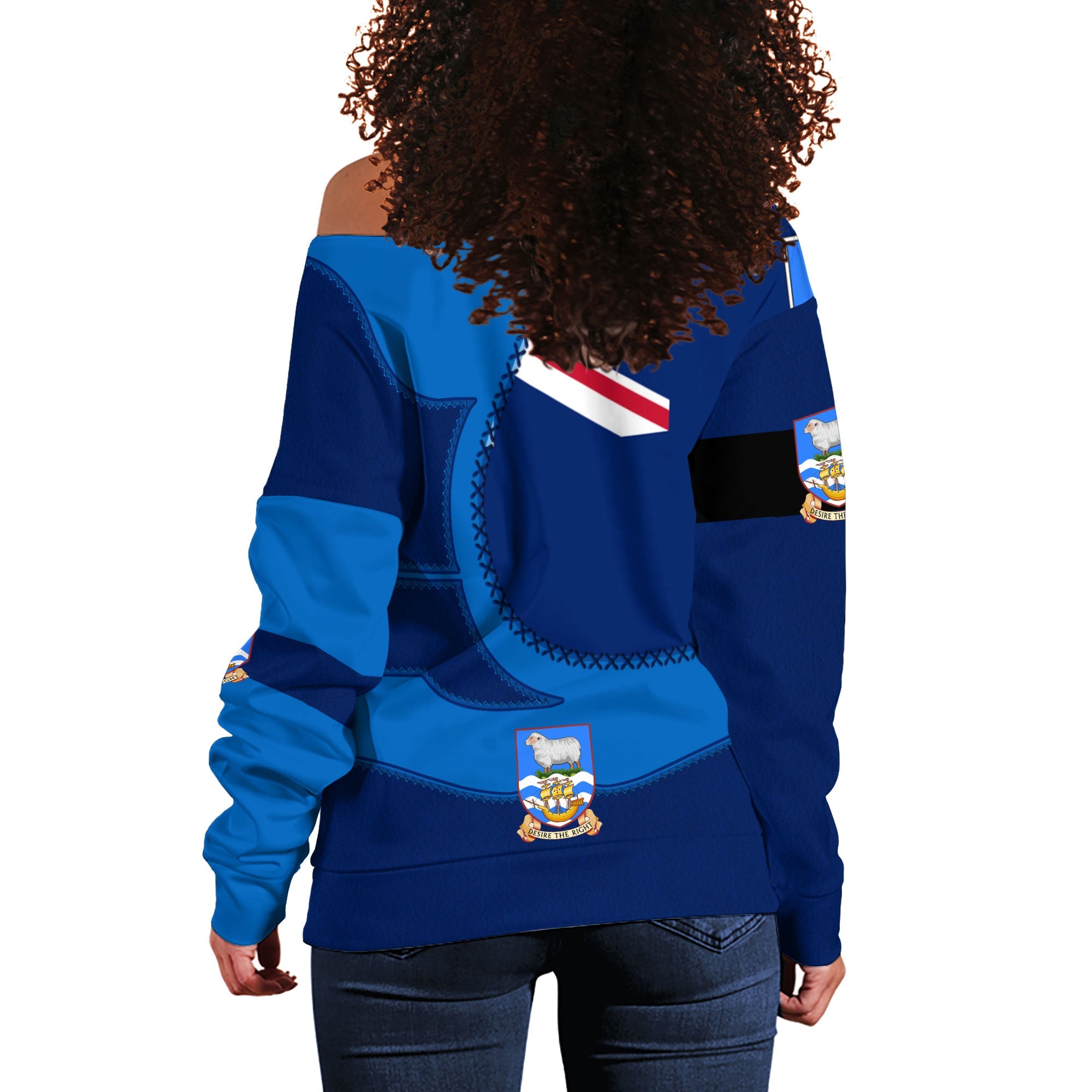 Falkland Islands Women Off Shoulder Sweatshirt Flag & Coat Of Arms Leather Style