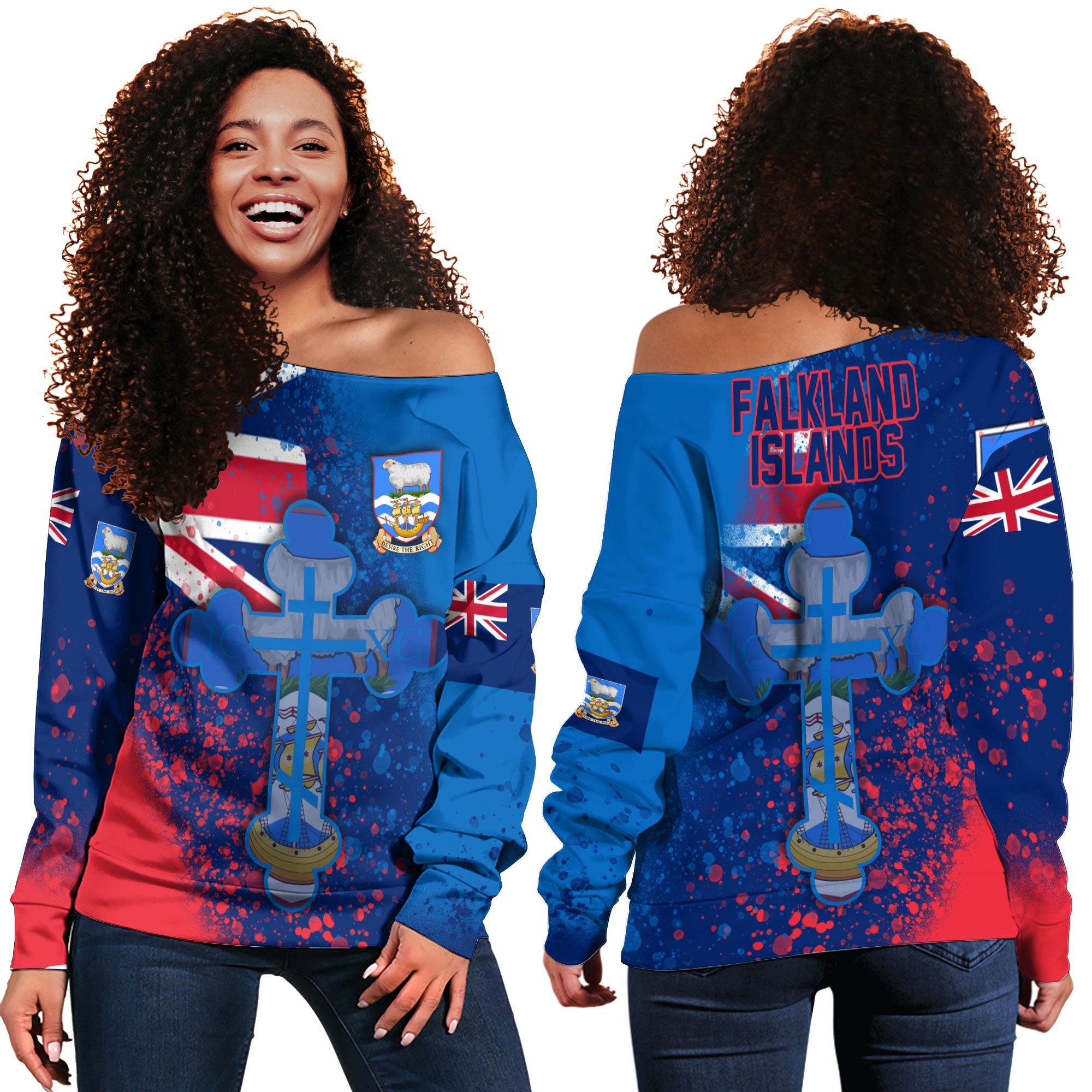 Falkland Islands Women Off Shoulder Sweatshirt Flag & Coat Of Arms Orthodox Style